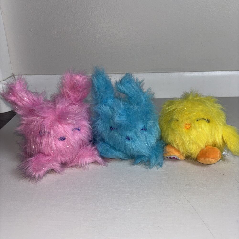 build a bear Blue And pink Fuzzy Bunny Rabbits And Yellow Fuzzy Chick Easter